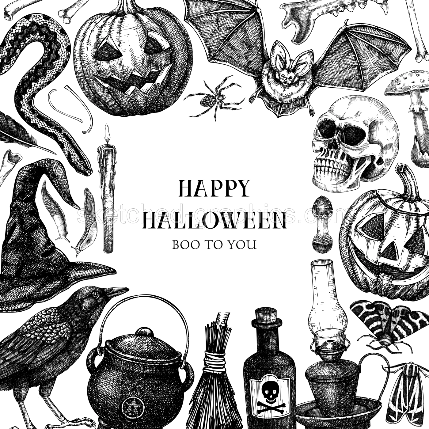 Vintage Halloween frame design. Hand drawn vector illustration. Skull, bones, pumpkin, poisonous mushrooms, snakes, raven sketches. Halloween party invitation, banner, card template Illustration